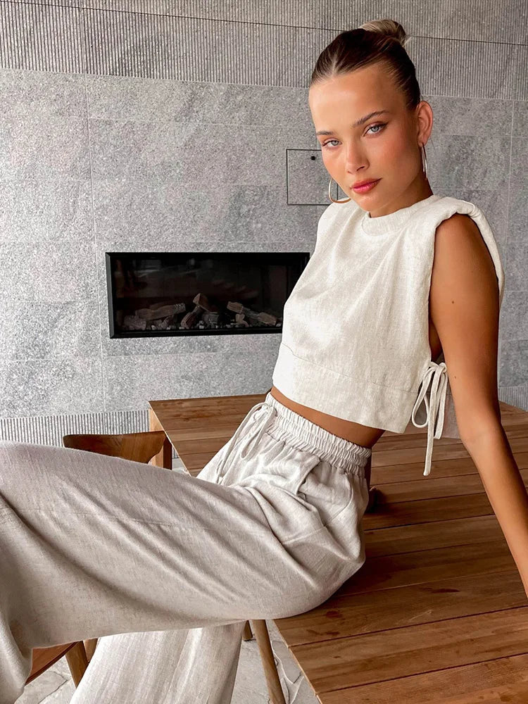 Holiday Linen Pant Set Crop Tops