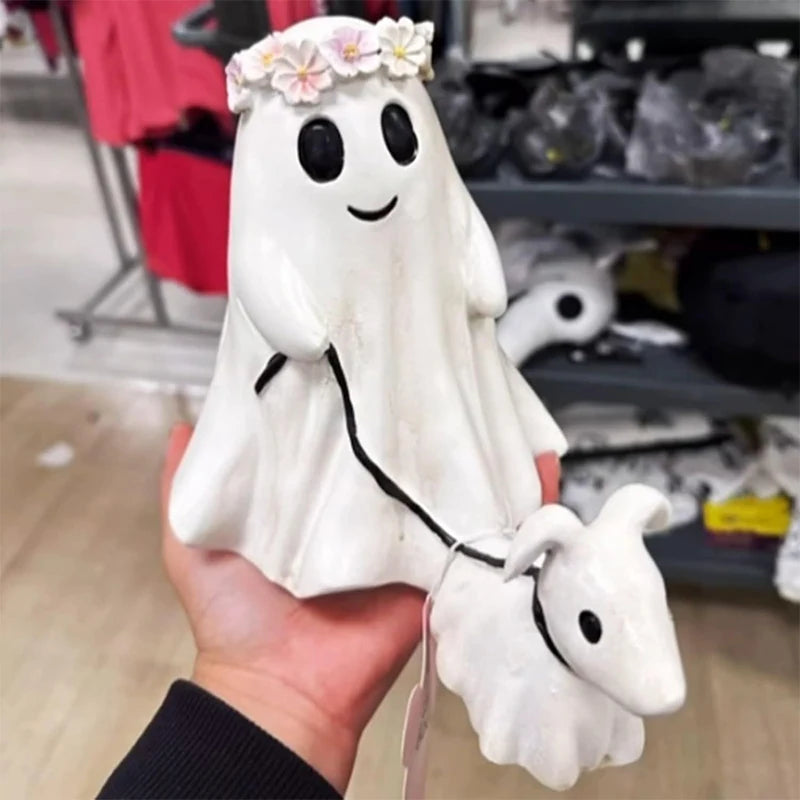 Halloween Ghost Walking Dog Statue Cute Spooky Halloween Ornament Tabletop Decoration