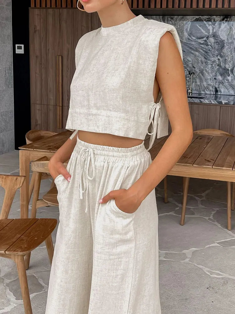 Holiday Linen Pant Set Crop Tops