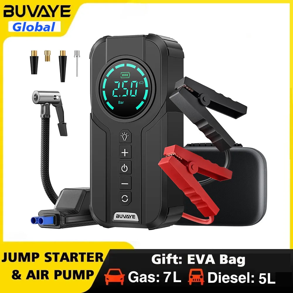 BUVAYE Car Jump Starter Air Pump Portable Air Compressor Tire Inflator Starter With EVA Bag