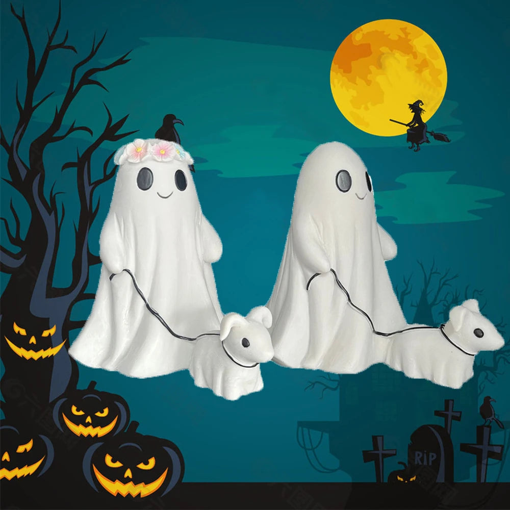 Halloween Ghost Walking Dog Statue Cute Spooky Halloween Ornament Tabletop Decoration