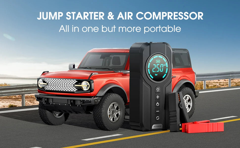 BUVAYE Car Jump Starter Air Pump Portable Air Compressor Tire Inflator Starter With EVA Bag