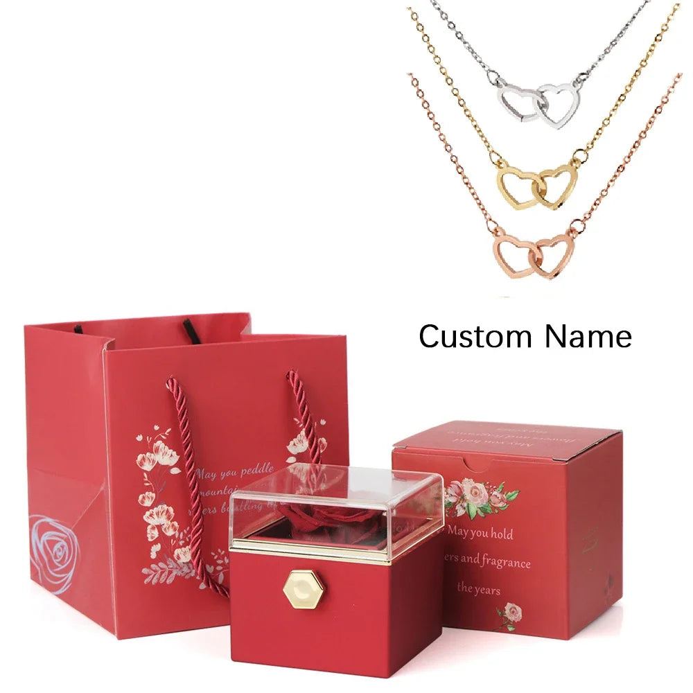 Custom Gift: Double Heart Name Necklace with Eternal Rose Box