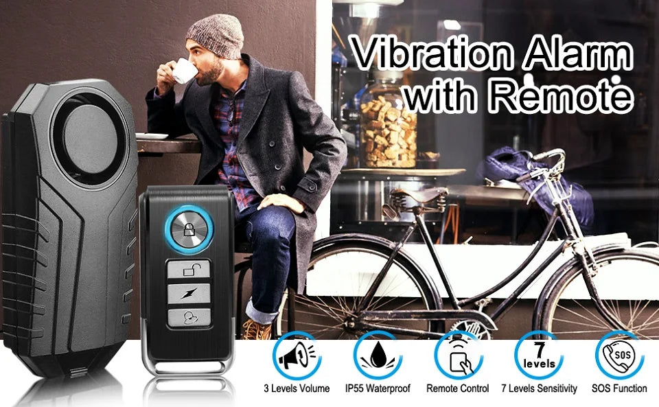 ELECTOP Bicycle Alarm 113dB Anti-Theft Wireless Vibration Remote Control Outdoor Security Protection