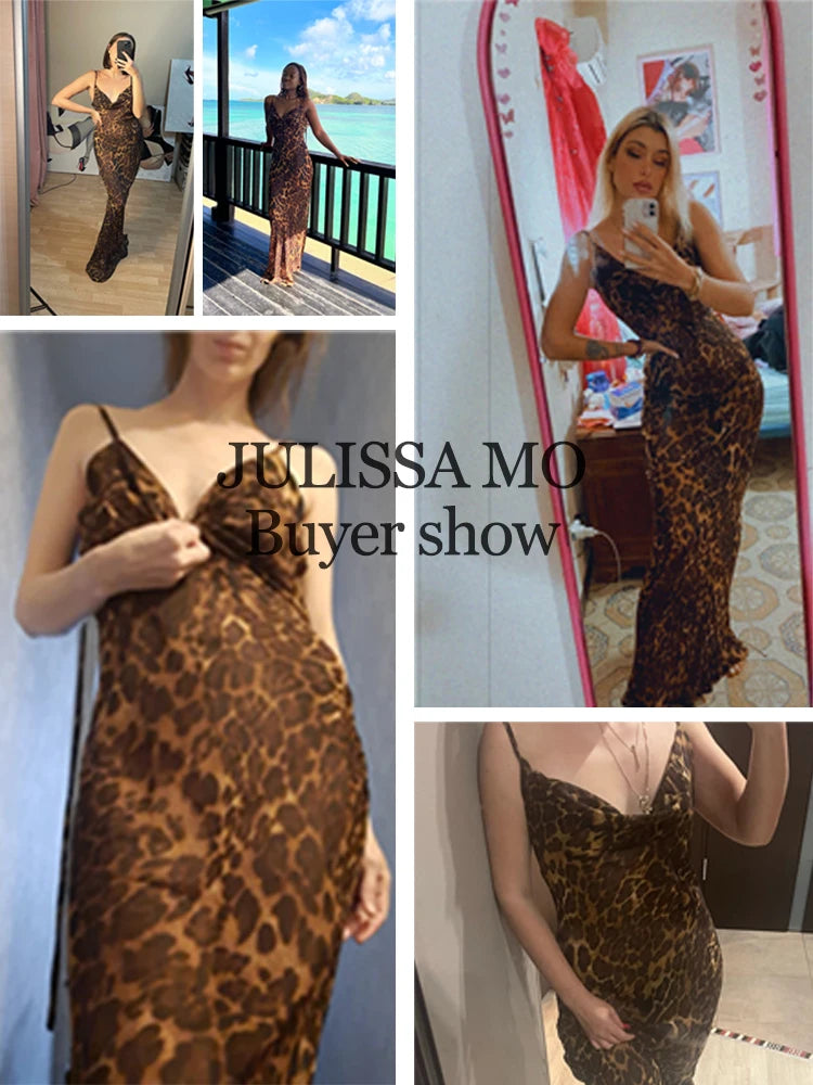 Leopard Print V-Neck Sexy Bodycon Long Dress