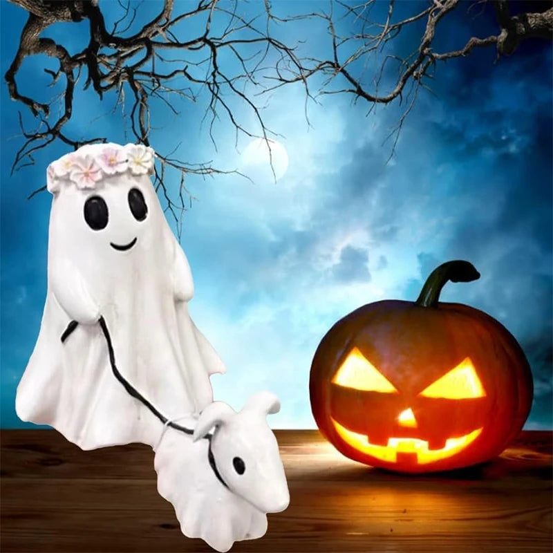 Halloween Ghost Walking Dog Statue Cute Spooky Halloween Ornament Tabletop Decoration