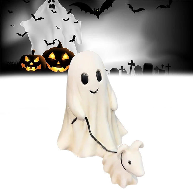 Halloween Ghost Walking Dog Statue Cute Spooky Halloween Ornament Tabletop Decoration