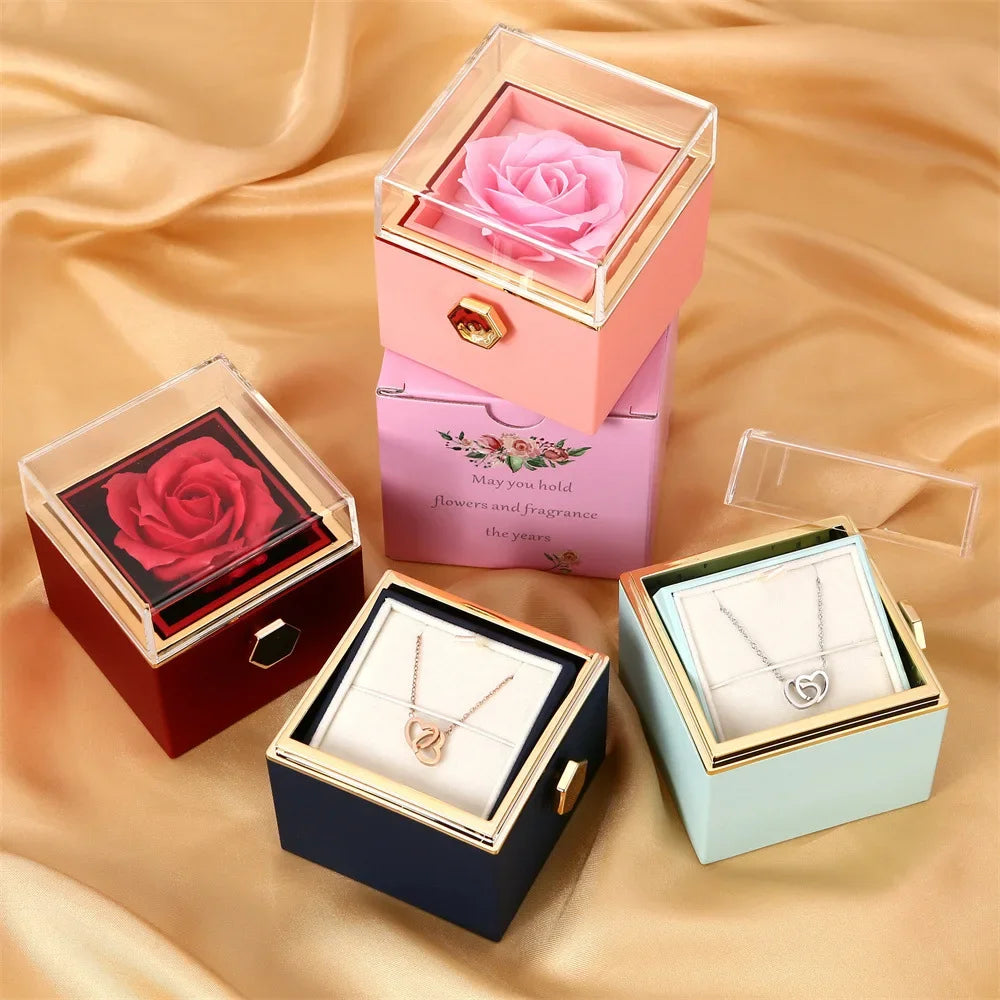 Custom Gift: Double Heart Name Necklace with Eternal Rose Box