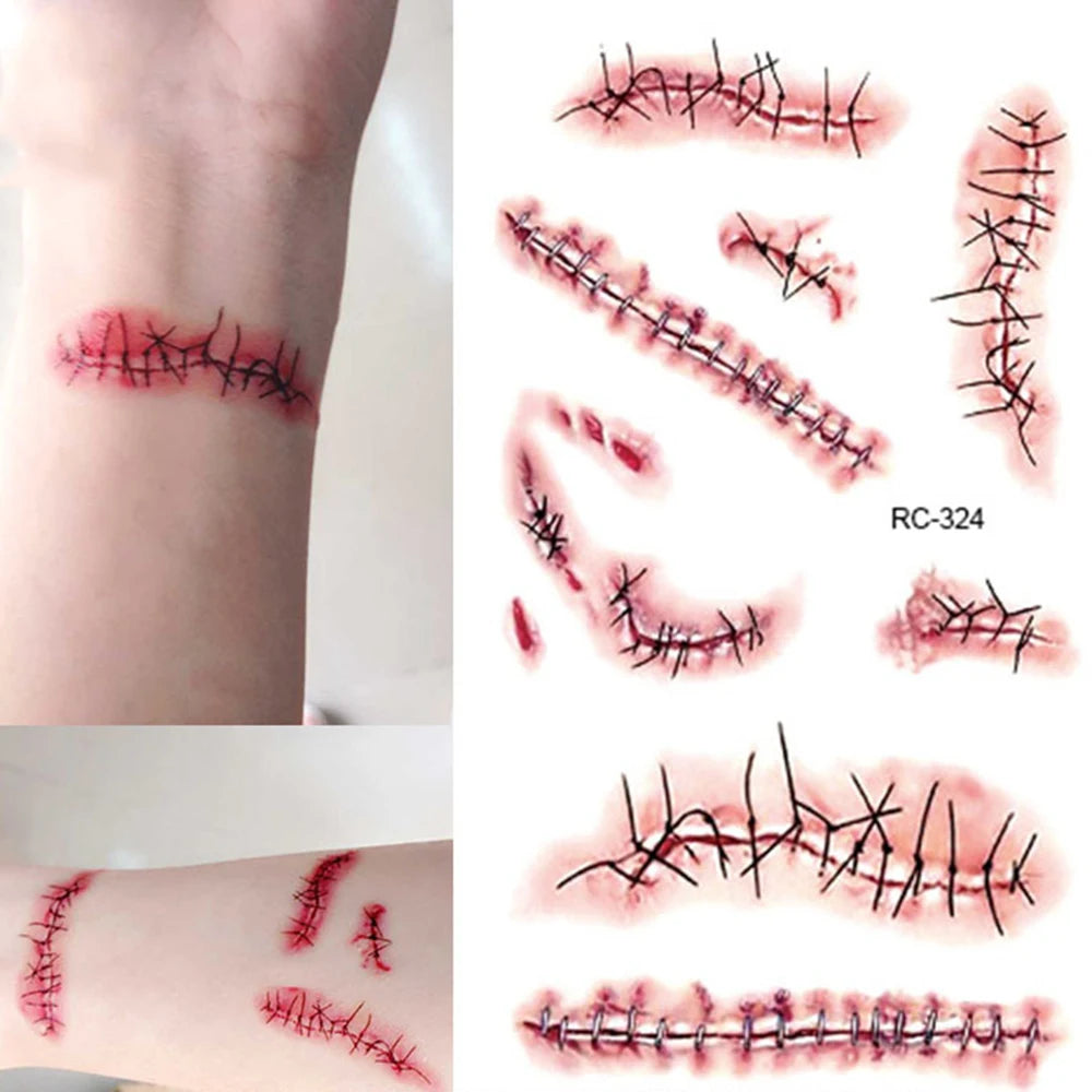 1/3/5PCS Halloween Tattoo Sticker Realistic Terror Wounds Temporary Scar Waterproof