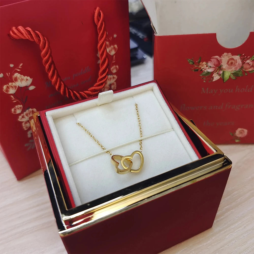 Custom Gift: Double Heart Name Necklace with Eternal Rose Box