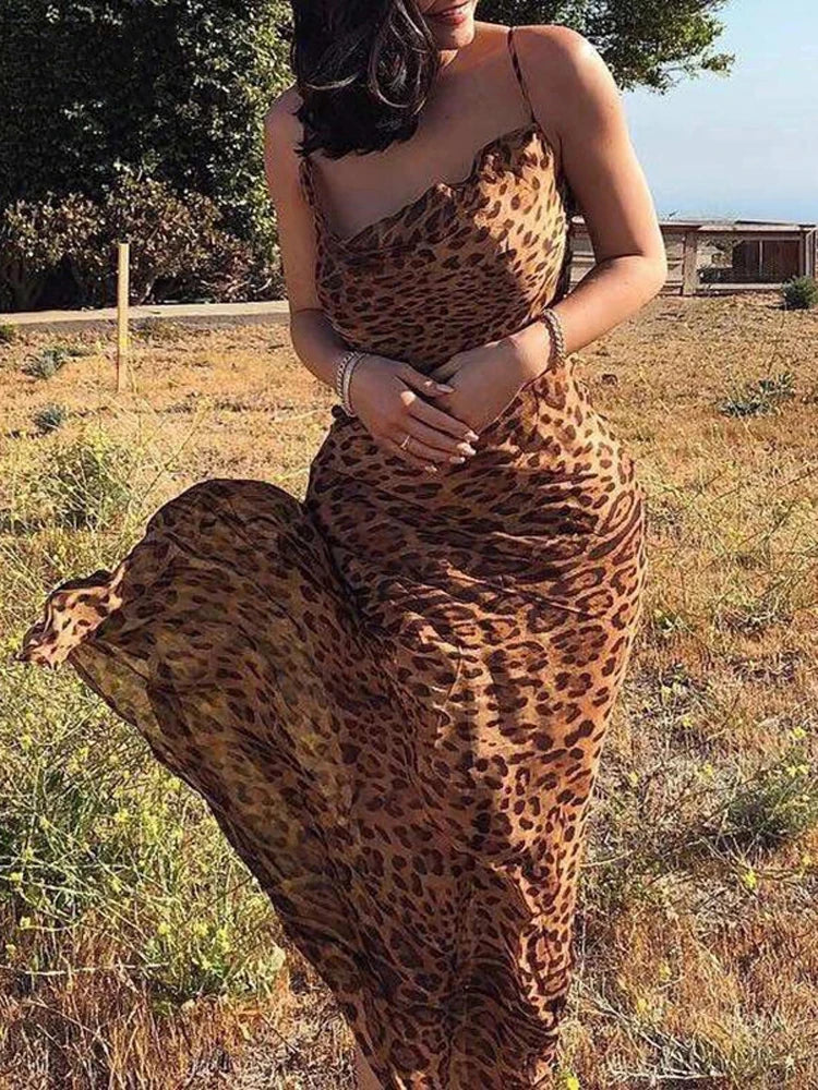 Leopard Print V-Neck Sexy Bodycon Long Dress