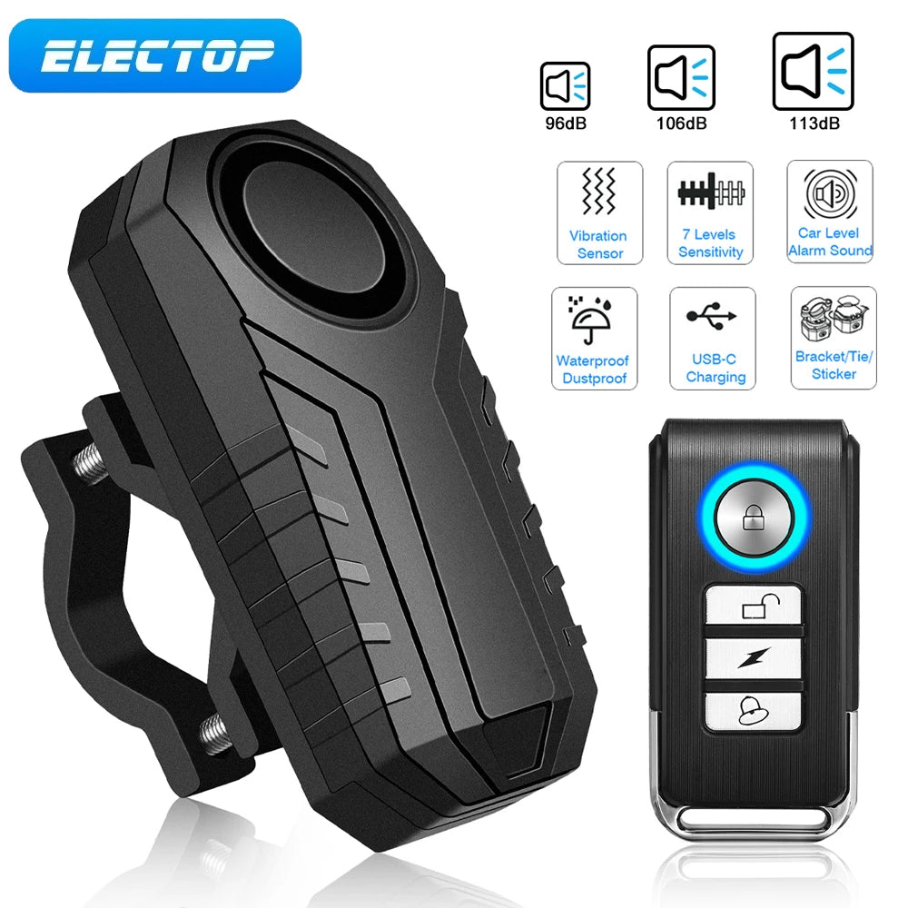 ELECTOP Bicycle Alarm 113dB Anti-Theft Wireless Vibration Remote Control Outdoor Security Protection