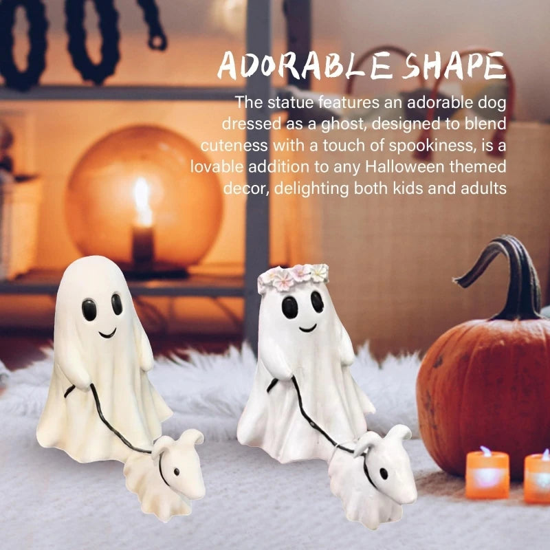 Halloween Ghost Walking Dog Statue Cute Spooky Halloween Ornament Tabletop Decoration