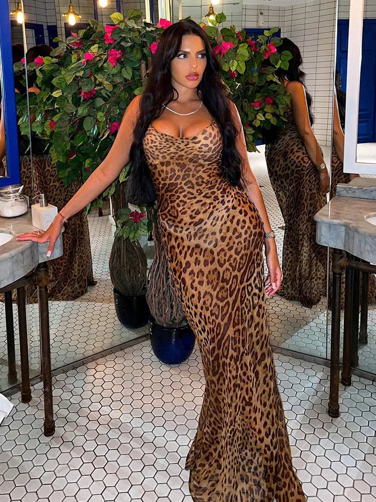 Leopard Print V-Neck Sexy Bodycon Long Dress